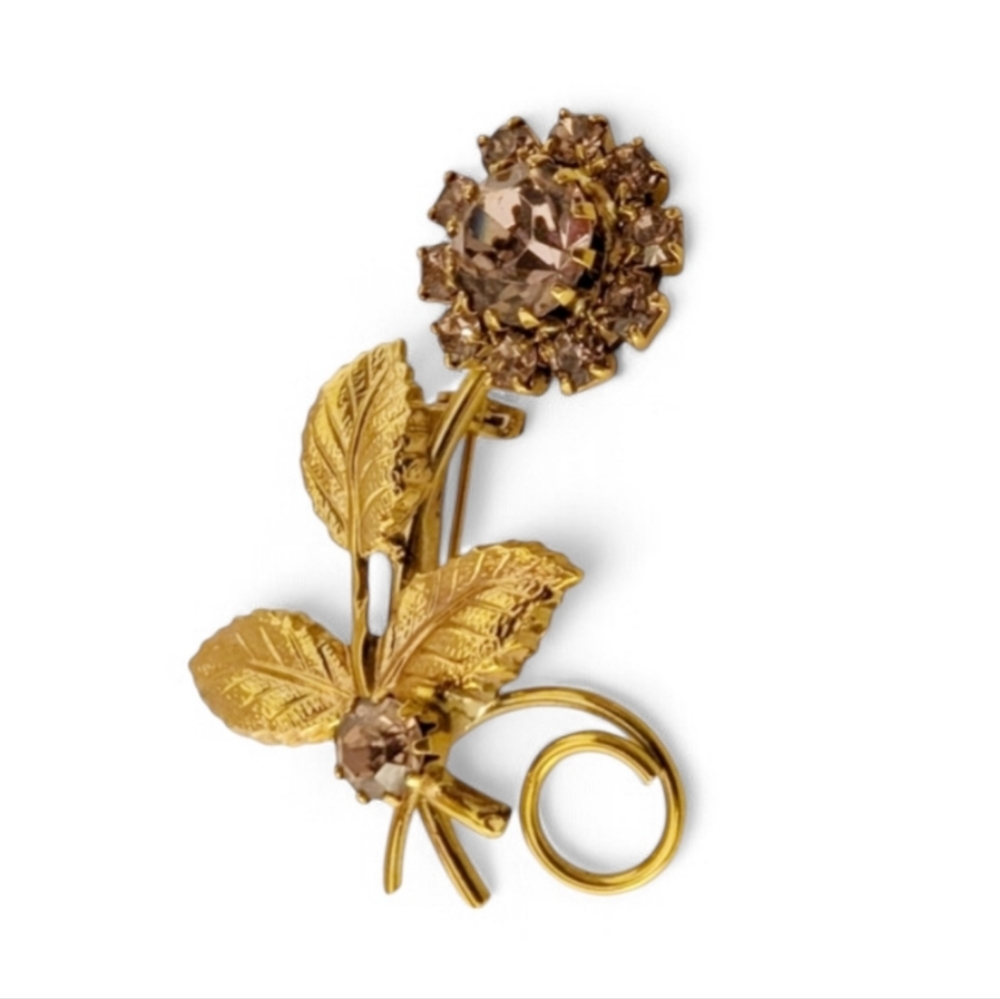 VINTAGE Rose Brooch Gold Pin Lavender Purple Rhinestone Floral Long Stem Jewelry